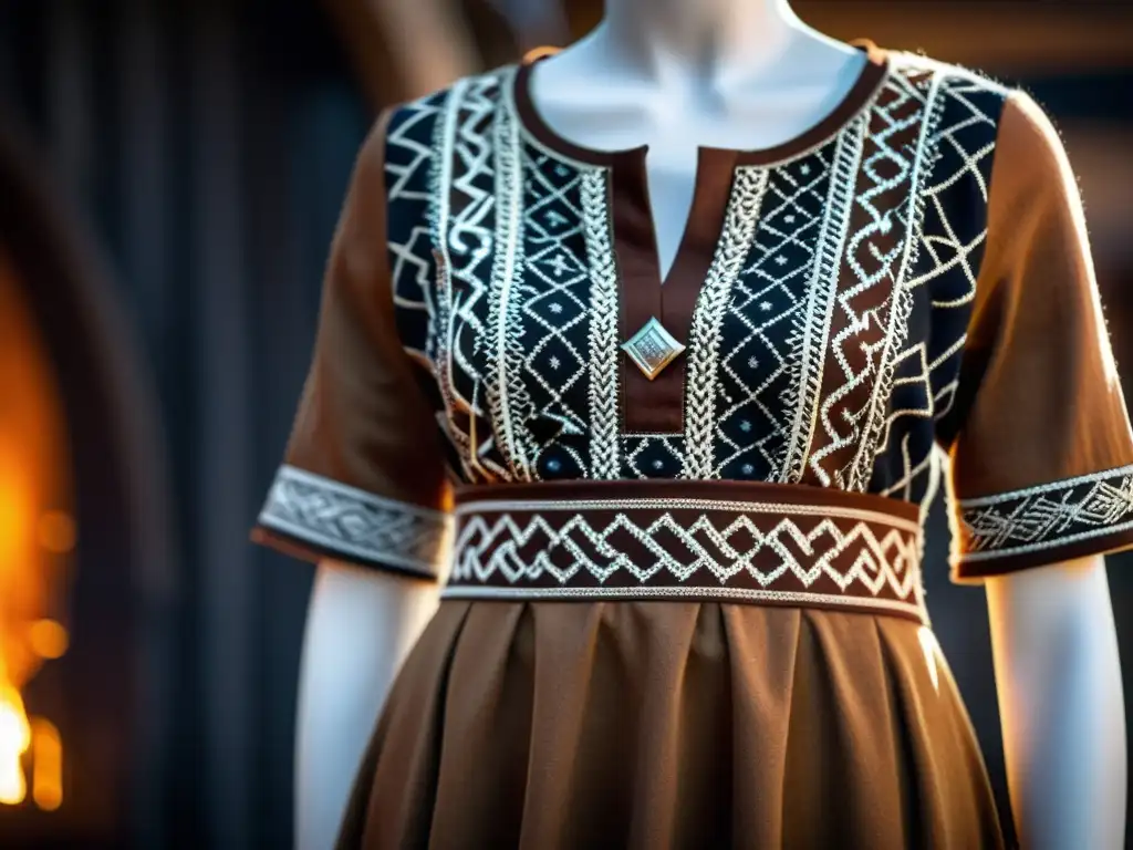 Una impresionante imagen de un vestido vikingo elegantemente elaborado, con ricos tonos terrosos y patrones nórdicos intrincados