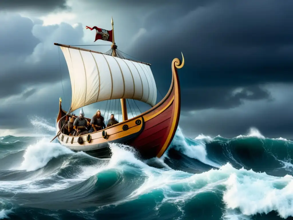 Impresionante imagen de una expedición vikinga audaz en mares turbulentos con cielo dramático y feroz tripulación