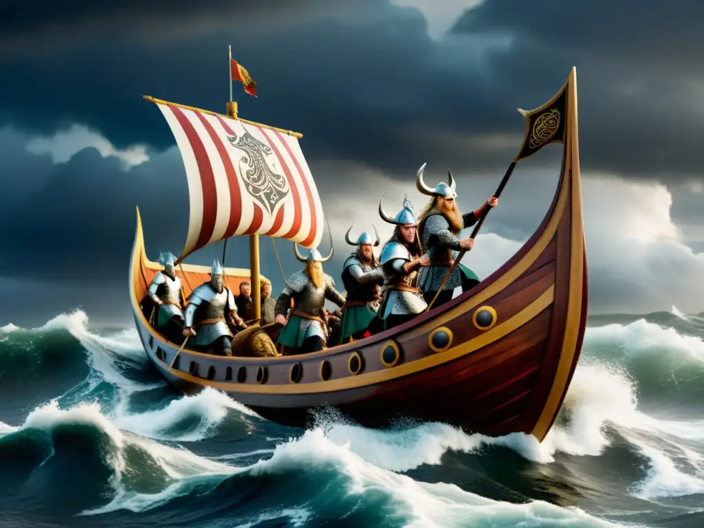 Impresionante imagen de un drakkar vikingo en aguas turbulentas, con guerreros y escudos elaborados