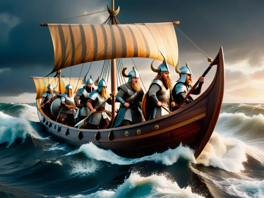 Impresionante imagen de un drakkar vikingo surcando mares turbulentos al atardecer con guerreros y armas, reflejando la poderosa cultura vikinga