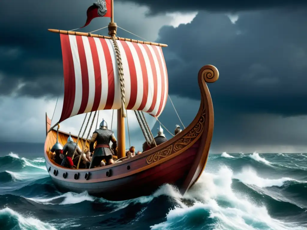 Impresionante longship vikingo en aguas tormentosas, tripulado por guerreros, con estrategias y armamento de guerra vikinga