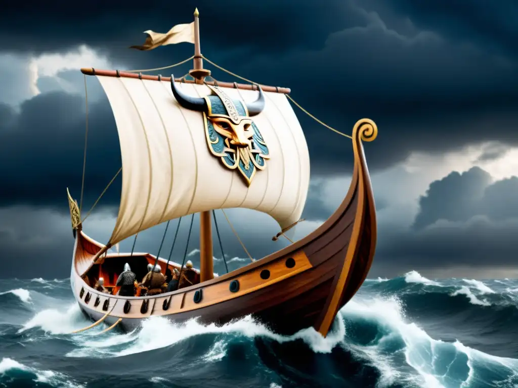 Impresionante longship vikingo surcando mares turbulentos bajo un cielo tormentoso