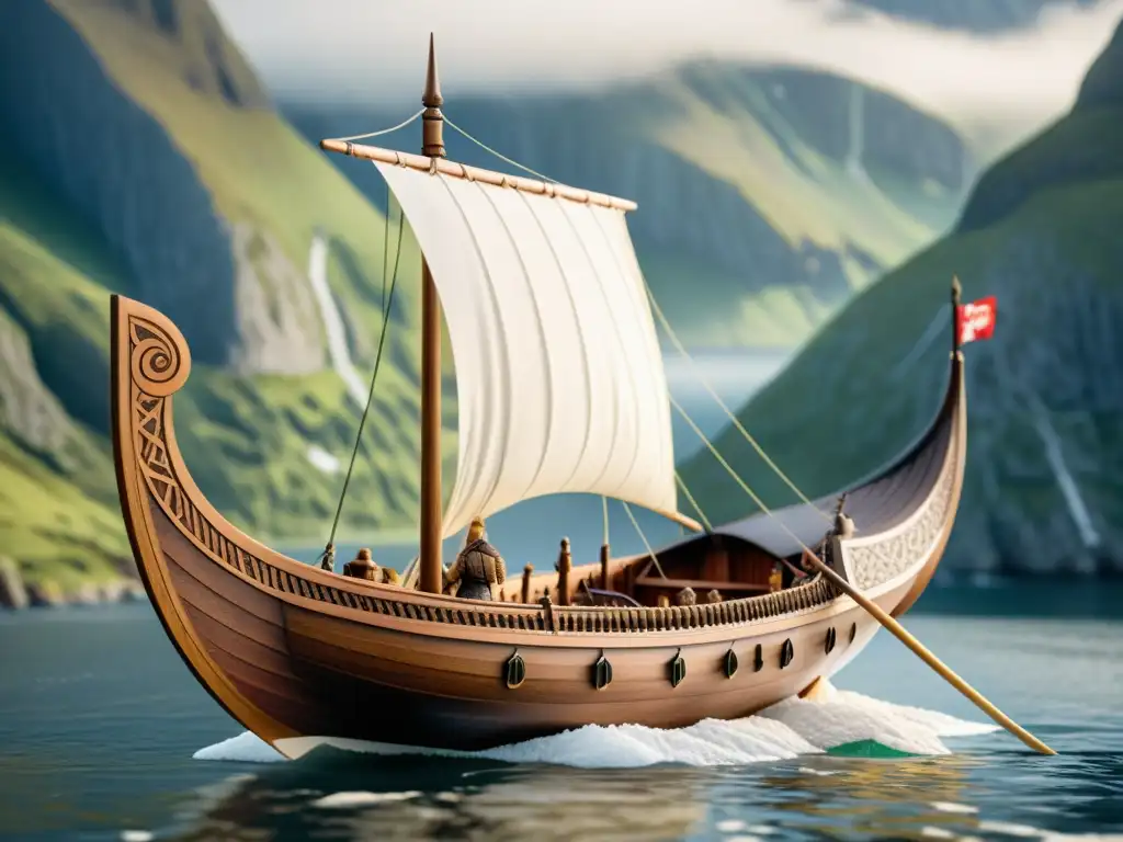 Una impresionante maqueta de un barco vikingo, detallada y artesanal, en un paisaje nórdico