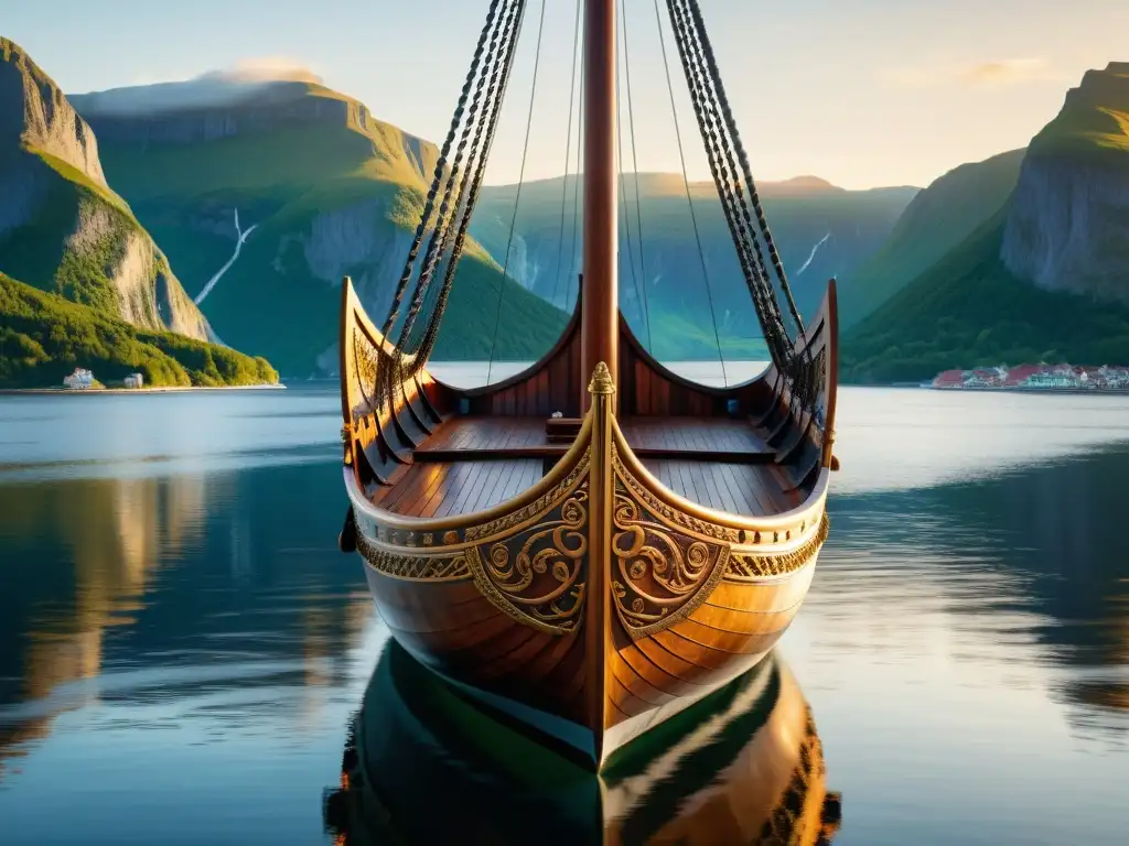 Impresionante modelo de barco vikingo estilizado en 8k, con detalles ornamentados, diseño intrincado y forma elegante, en un fiordo sereno al amanecer