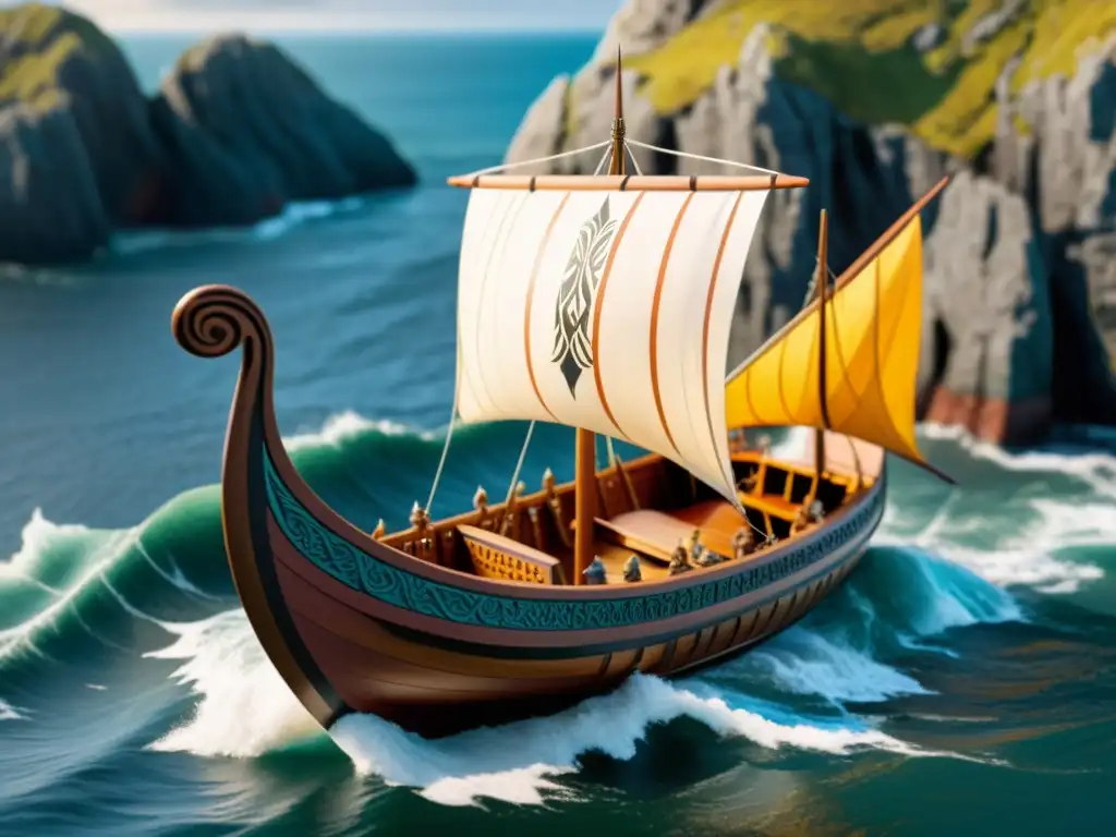 Impresionante modelo de barco vikingo en escala detallada, evocando la historia y la artesanía nórdica