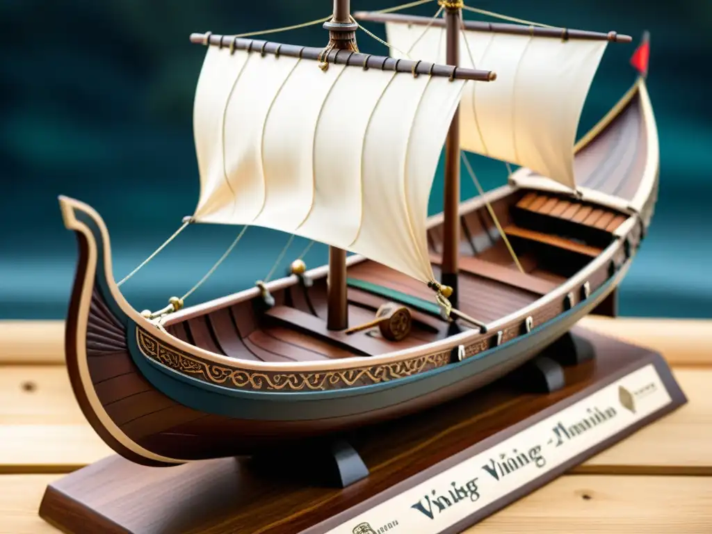 Un impresionante modelo detallado de un barco vikingo miniatura, tripulado por figuras minúsculas, con un fondo evocador de una casa vikinga