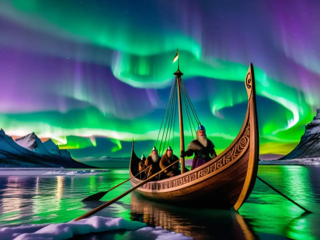 Impresionante nave vikinga surcando aguas heladas bajo la aurora boreal, con vikingos remando con fuerza