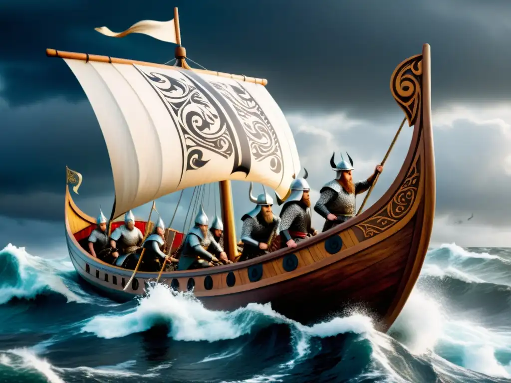 Impresionante ilustración de una nave vikinga en alta mar, con guerreros y escudos decorados