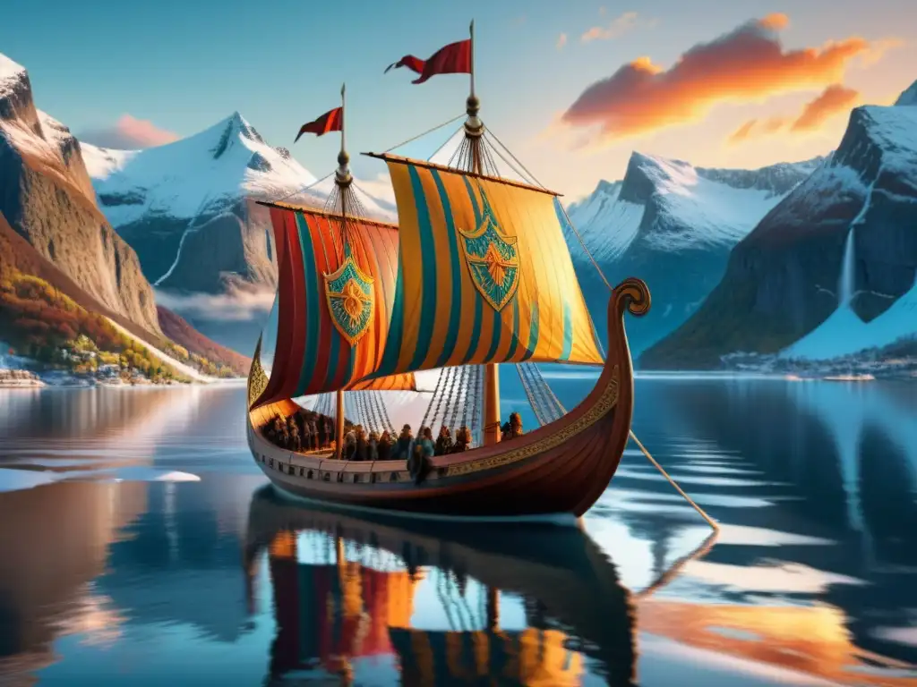 Impresionante nave vikinga surcando un fiordo, rodeada de montañas nevadas al atardecer