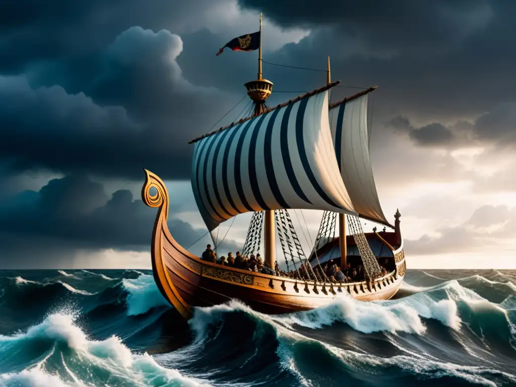 Impresionante nave vikinga surcando mares turbulentos bajo cielos tormentosos, fuente inspiración literaria