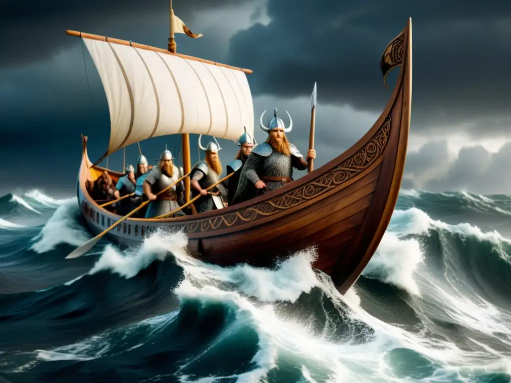 Impresionante ilustración de una nave vikinga surcando mares turbulentos en busca de tesoros