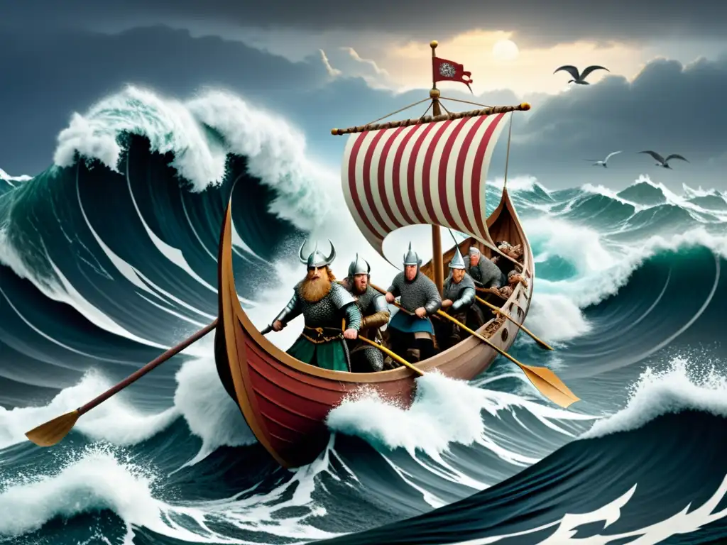 Impresionante ilustración de una navegación vikinga: técnicas y herramientas, con un drakkar surcando mares turbulentos, tripulación y gaviotas