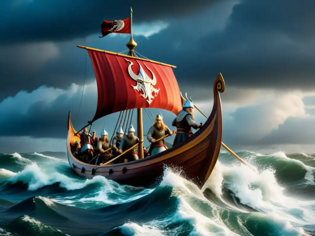 Impresionante navío vikingo surcando aguas tormentosas con guerreros y figura de dragón en proa