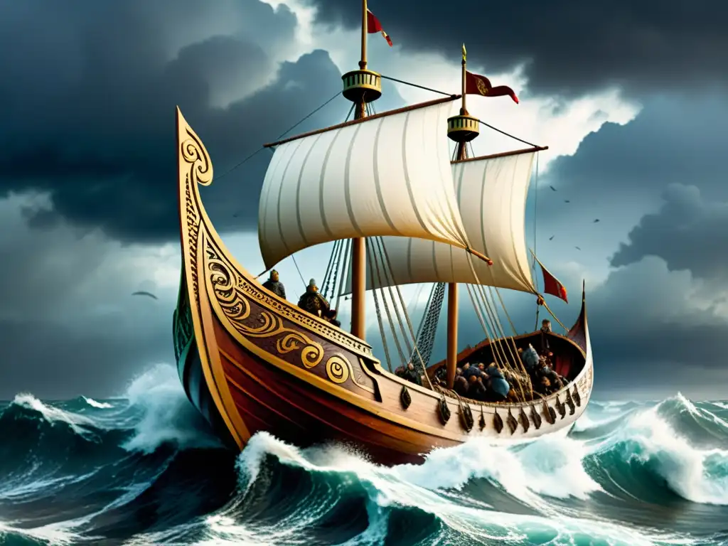 Impresionante ilustración de un navío vikingo en alta mar durante una tormenta