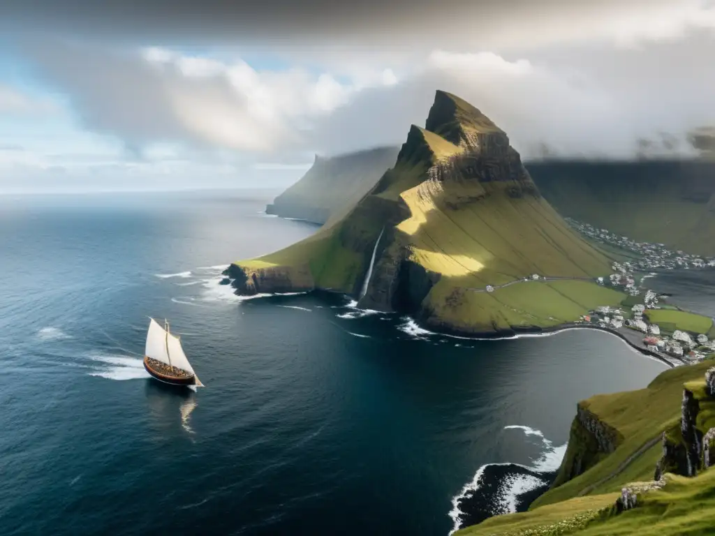 Impresionante paisaje de las Islas Feroe con un barco vikingo en el mar