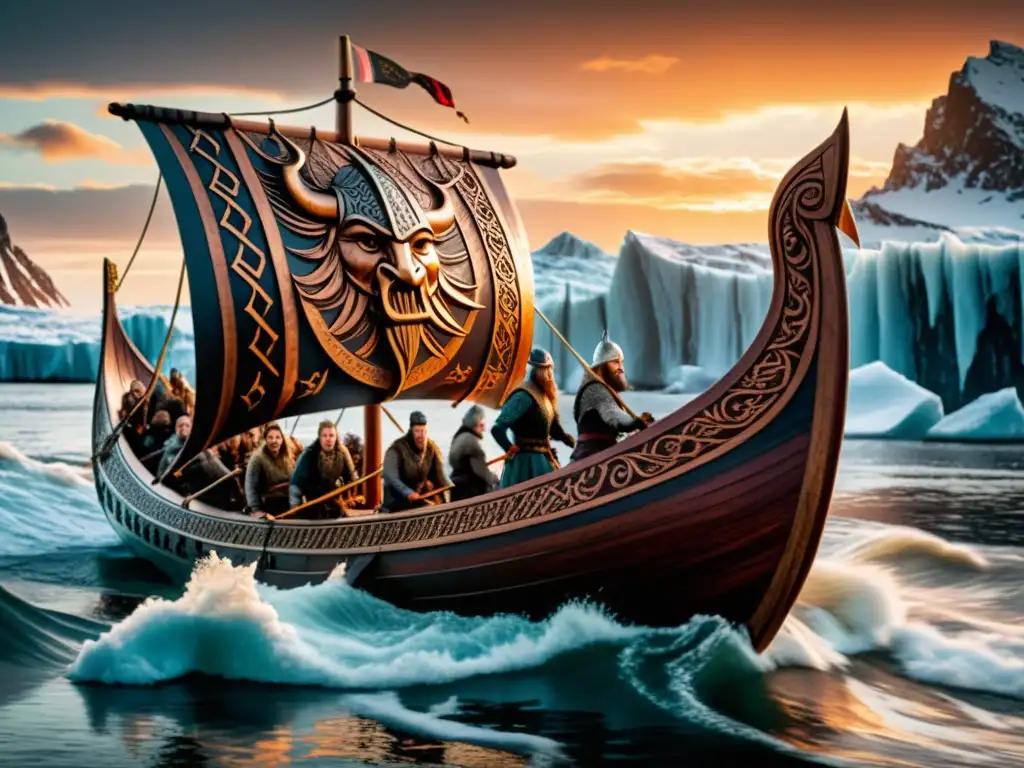 Impresionante reconstrucción de un barco vikingo navegando en aguas heladas al atardecer, mostrando detalles intrincados y tripulación determinada