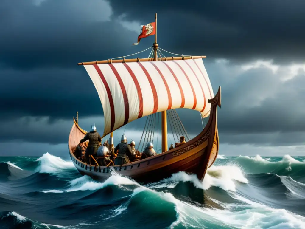 Impresionante reconstrucción detallada de un barco vikingo navegando en mares turbulentos