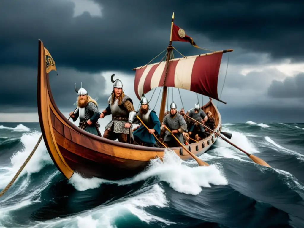 Impresionante reencuentro de un barco vikingo en alta mar con guerreros a bordo, reflejando la serie vikinga The Last Kingdom