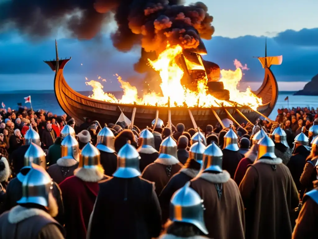 Impresionante ritual del Festival Up Helly Aa Vikingo: vikingos con antorchas encendidas frente a un drakkar en llamas