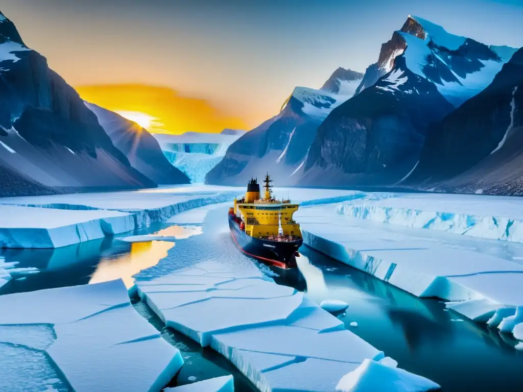 Un impresionante rompehielos navegando entre glaciares y montañas nevadas en la Ruta del Hielo