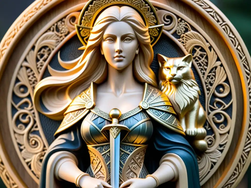 Impresionante talla de madera de Freyja, diosa nórdica de amor y guerra, con una majestuosa capa y armadura