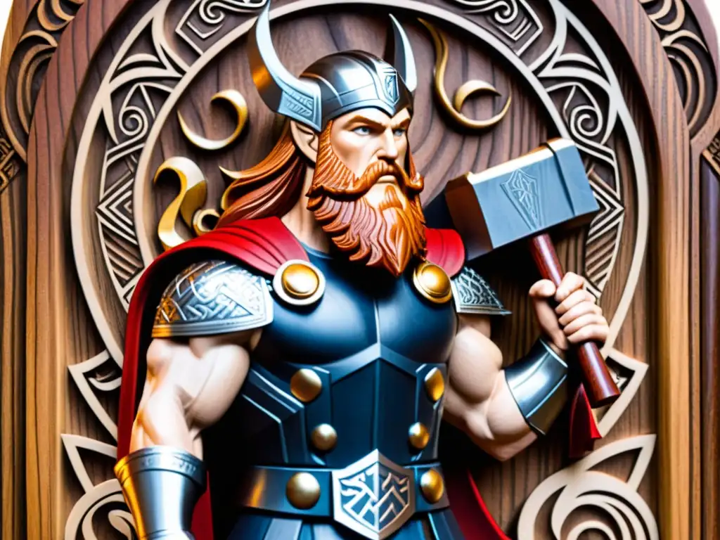 Impresionante talla de madera del poderoso dios nórdico Thor empuñando su martillo Mjölnir, con relámpagos de fondo