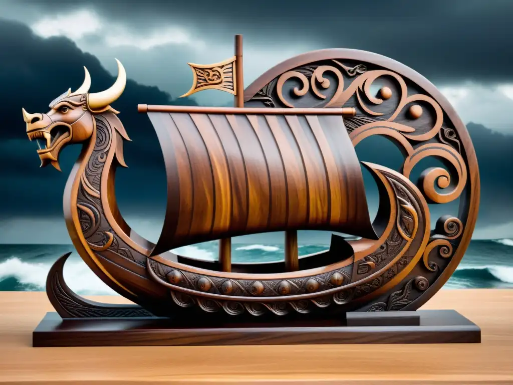 Impresionante tallado de un barco vikingo en madera oscura, rodeado de mar tormentoso y relámpagos