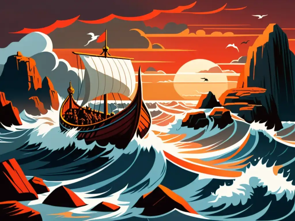 Invasión vikinga: barco llega a costas británicas al atardecer Impresionante colonización vikinga en las Islas Británicas con un barco vikingo en un atardecer dramático