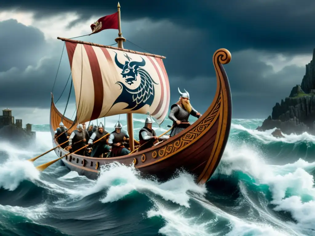 Un impresionante drakkar vikingo surca aguas turbulentas bajo un cielo dramático, con guerreros ferozmente remando y la costa en el horizonte