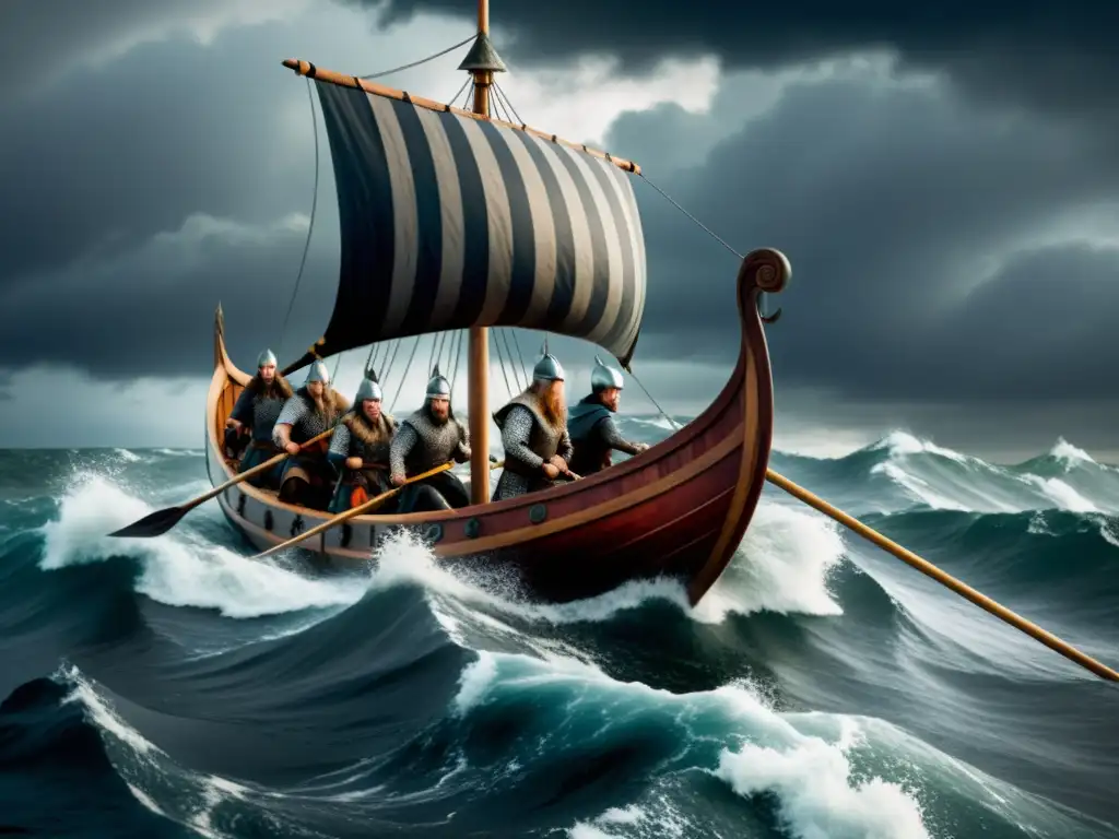 Impresionante ilustración de un drakkar vikingo surcando aguas turbulentas con guerreros y un cuervo en el mástil