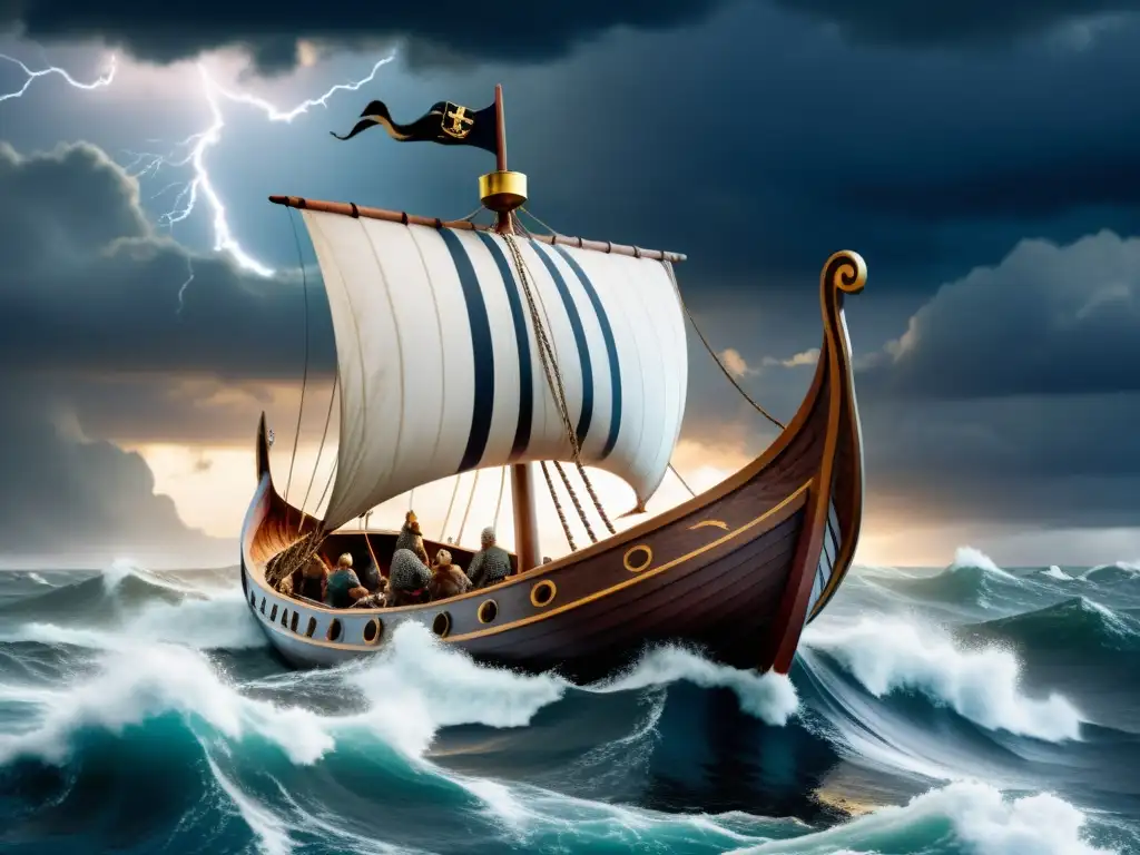 Impresionante ilustración de un drakkar vikingo en aguas turbulentas, rodeado de gaviotas