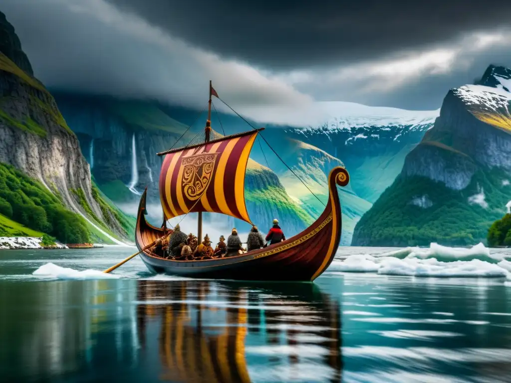 Impresionante drakkar vikingo surcando un fiordo entre montañas nevadas, reflejando herencia y estatus social vikingo