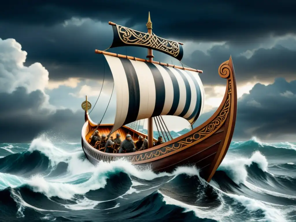 Impresionante ilustración de un drakkar vikingo surcando mares bravíos