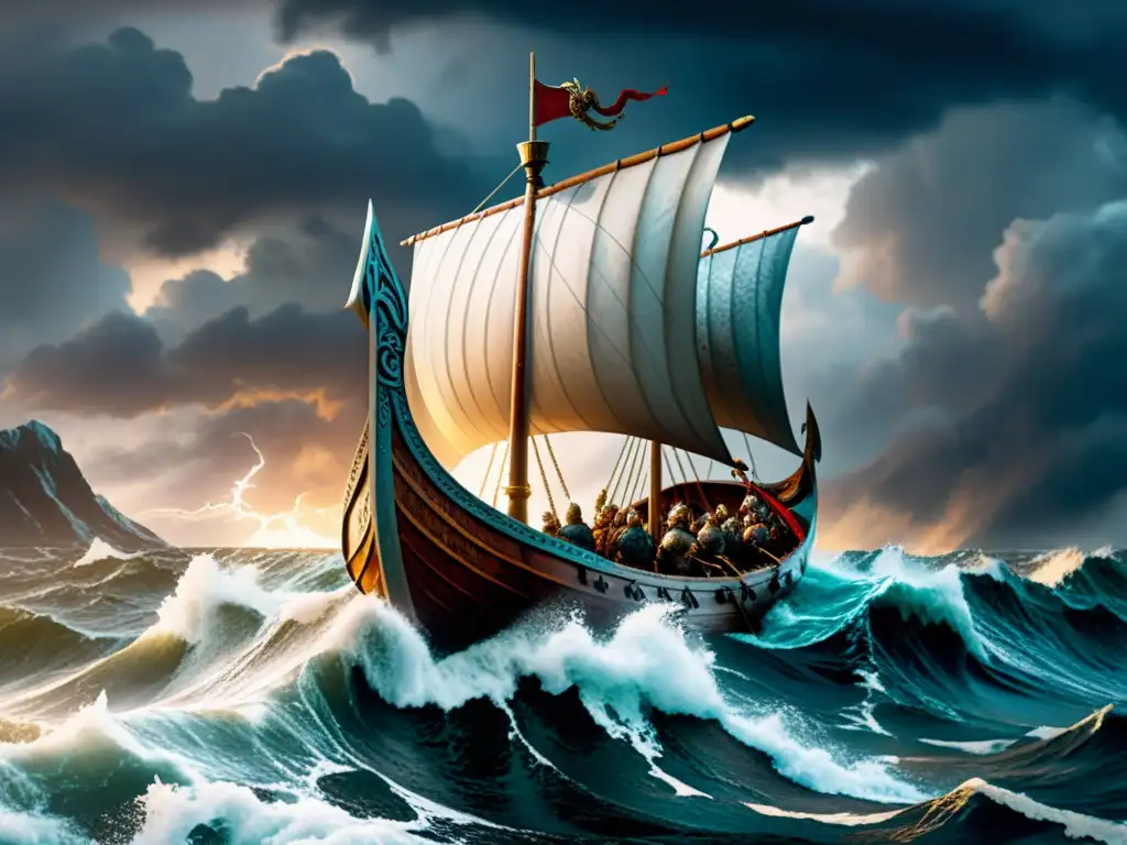 Impresionante ilustración de un drakkar vikingo navegando en mares tormentosos, con influencia vikinga en heavy metal