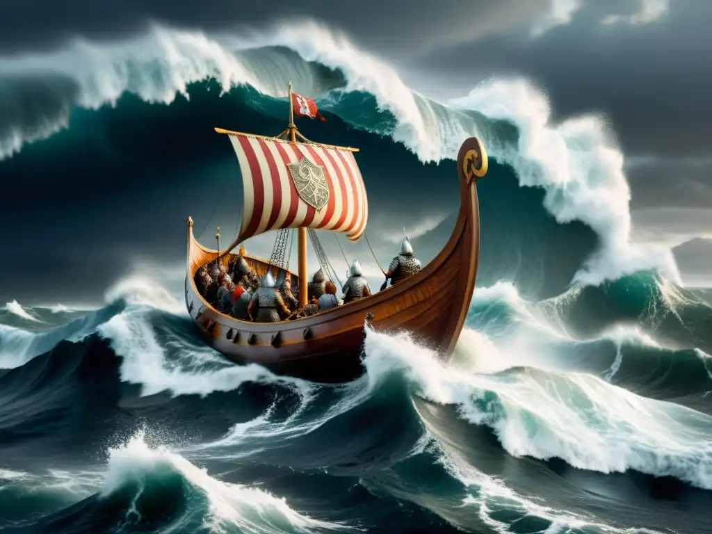 Impresionante ilustración de un drakkar vikingo surcando mares tormentosos, destacando la valentía y espíritu aventurero de los guerreros nórdicos