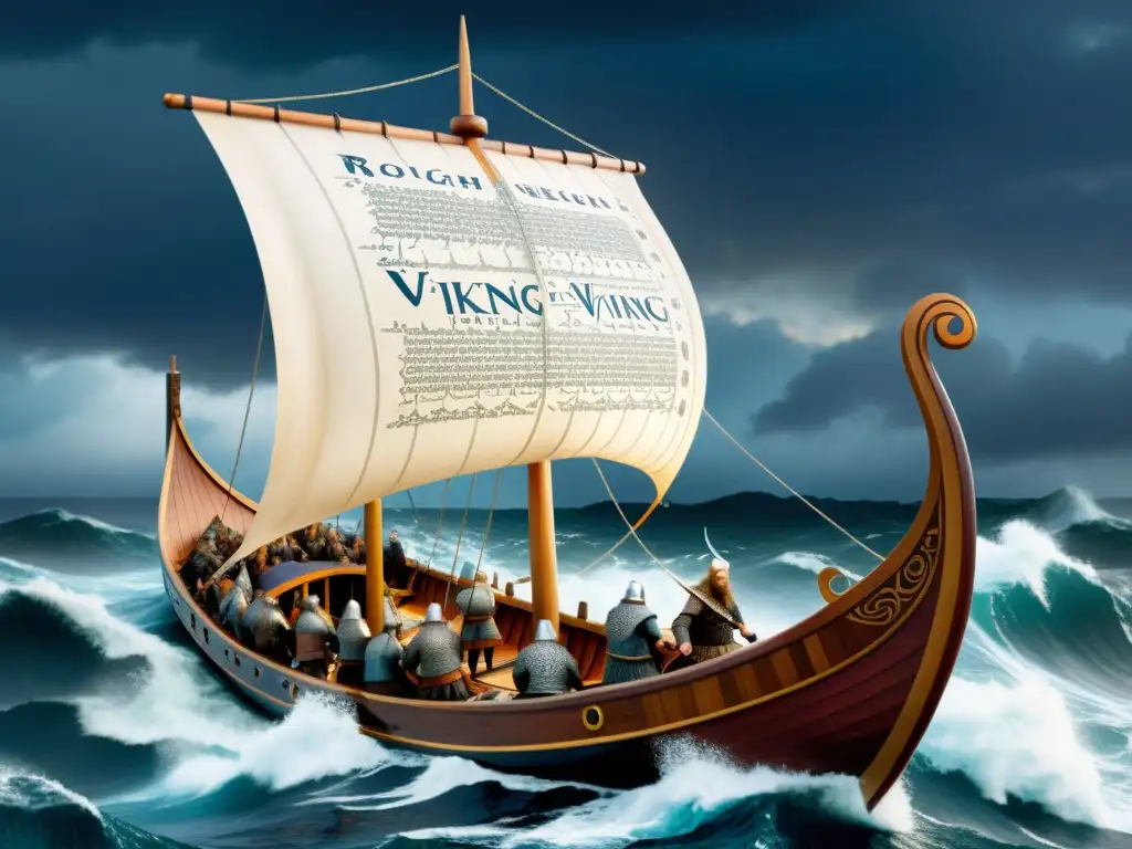 Impresionante ilustración de un drakkar vikingo surcando mares turbulentos con una genealogía vikinga en la actualidad entrelazada en la vela