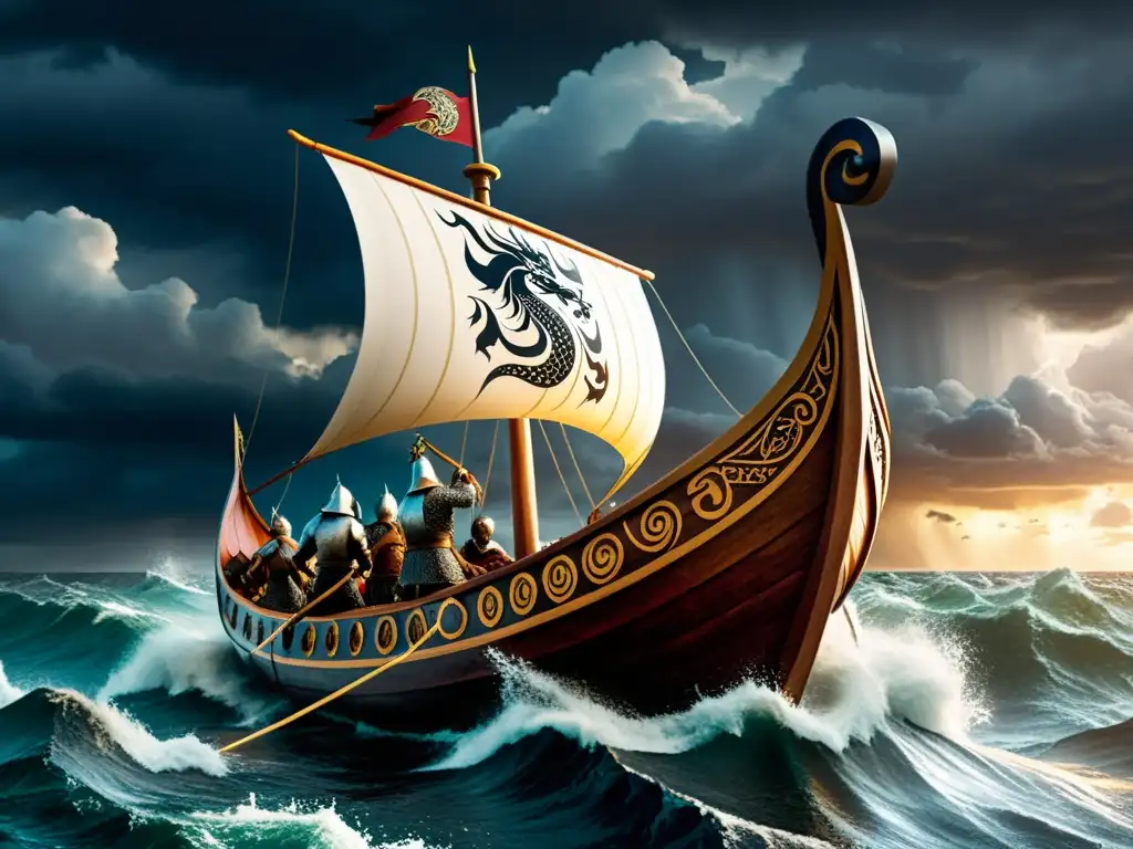 Impresionante ilustración de un vikingo en su drakkar bajo una tormenta