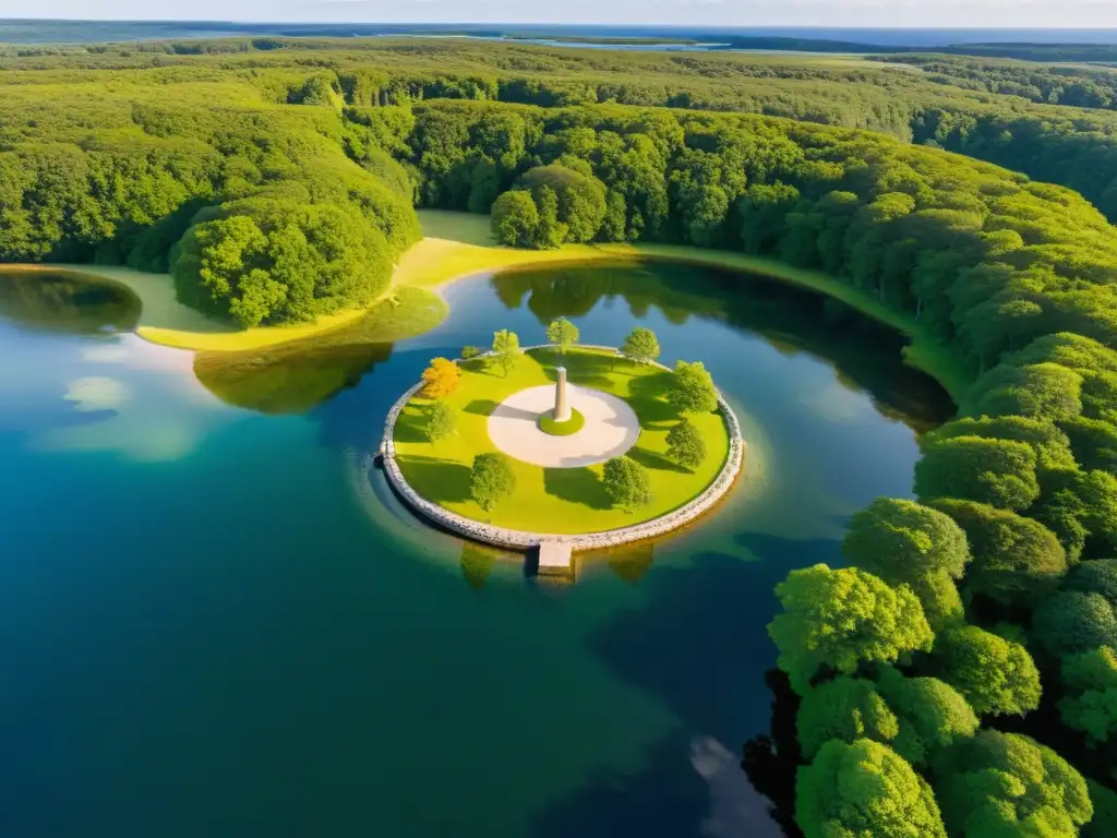 Impresionante vista aérea del antiguo santuario de Tissø en sociedad vikinga, rodeado de exuberante vegetación y aguas brillantes