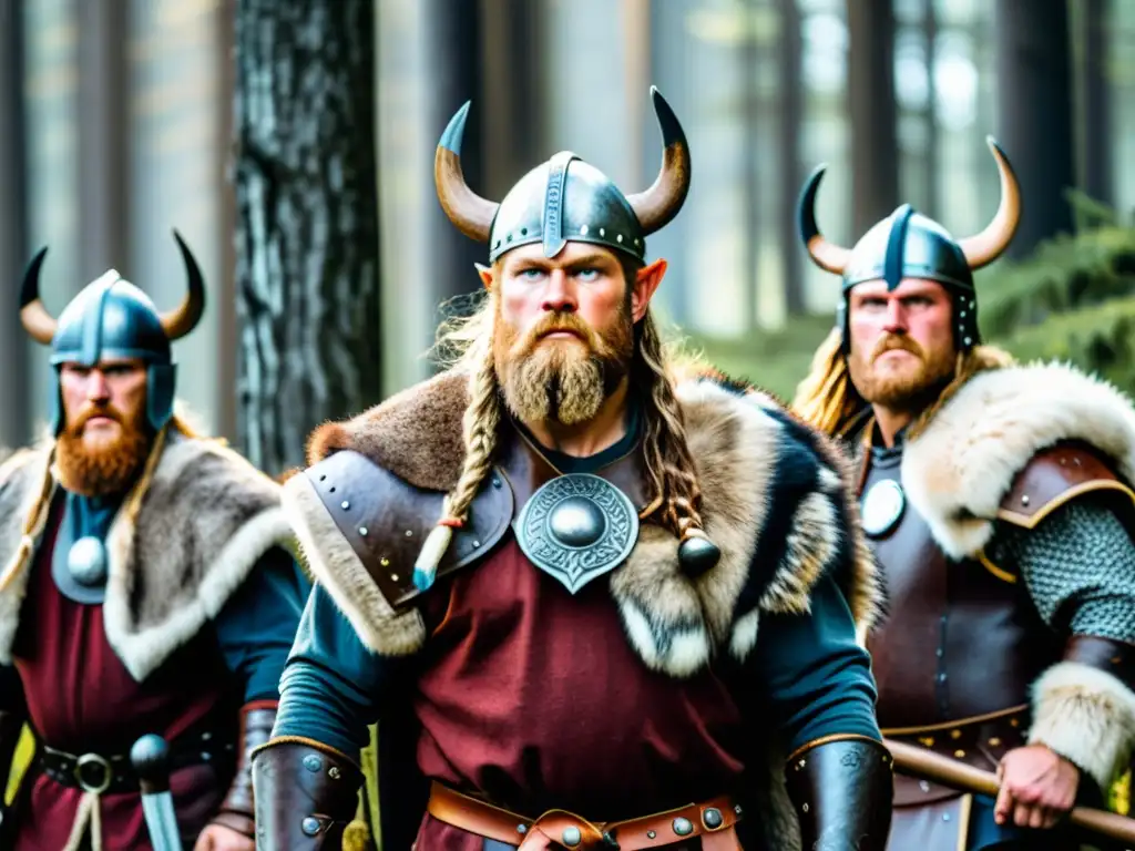 Impresionantes guerreros legendarios era vikinga en el bosque nórdico, listos para la batalla