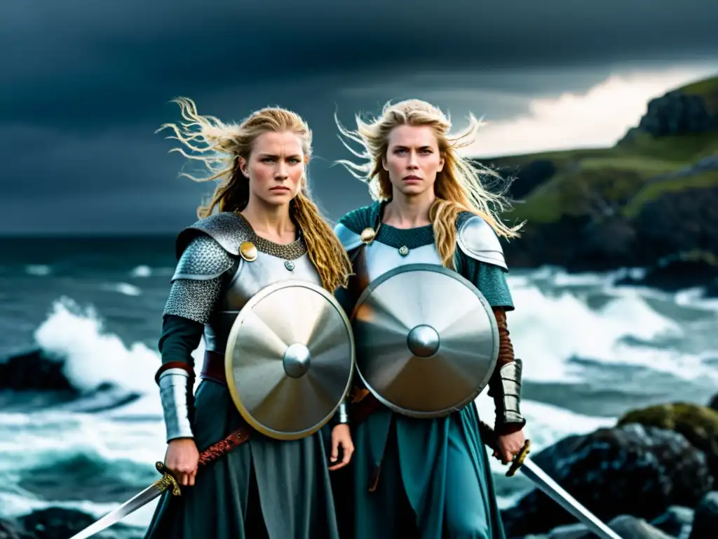 Impresionantes shieldmaidens vikingas empoderadas en la costa rocosa bajo un cielo tormentoso