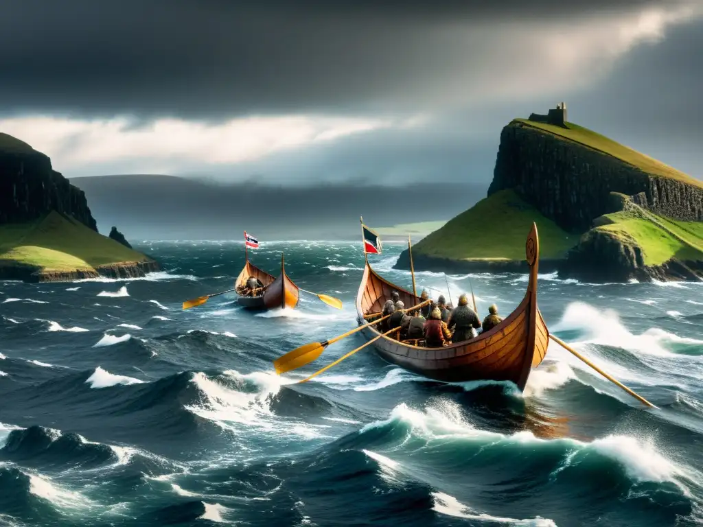 Impresionantes longships vikingos surcando aguas turbulentas en su expansión vikinga en Islas del Atlántico