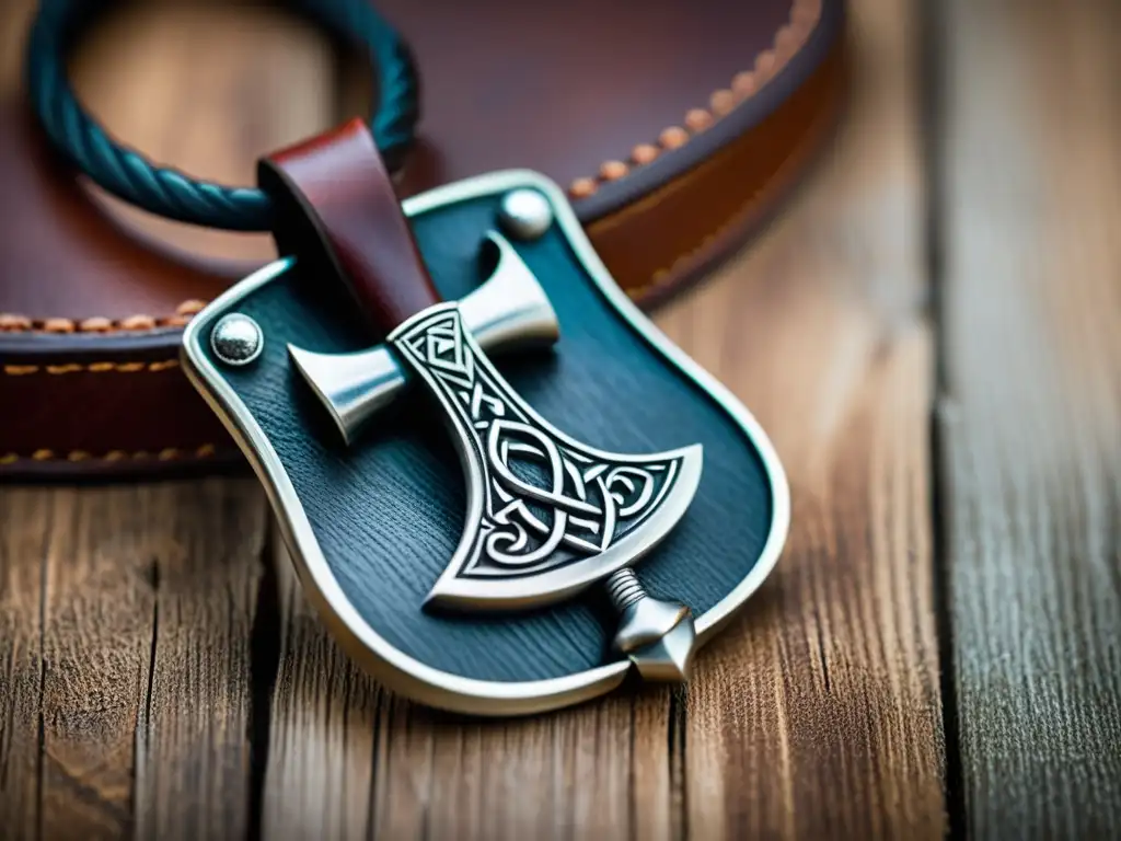 Pendiente hacha vikinga artesanal en cuero y metal Increíble colgante hacha vikinga en cuero, con detalles nórdicos, sobre fondo de madera