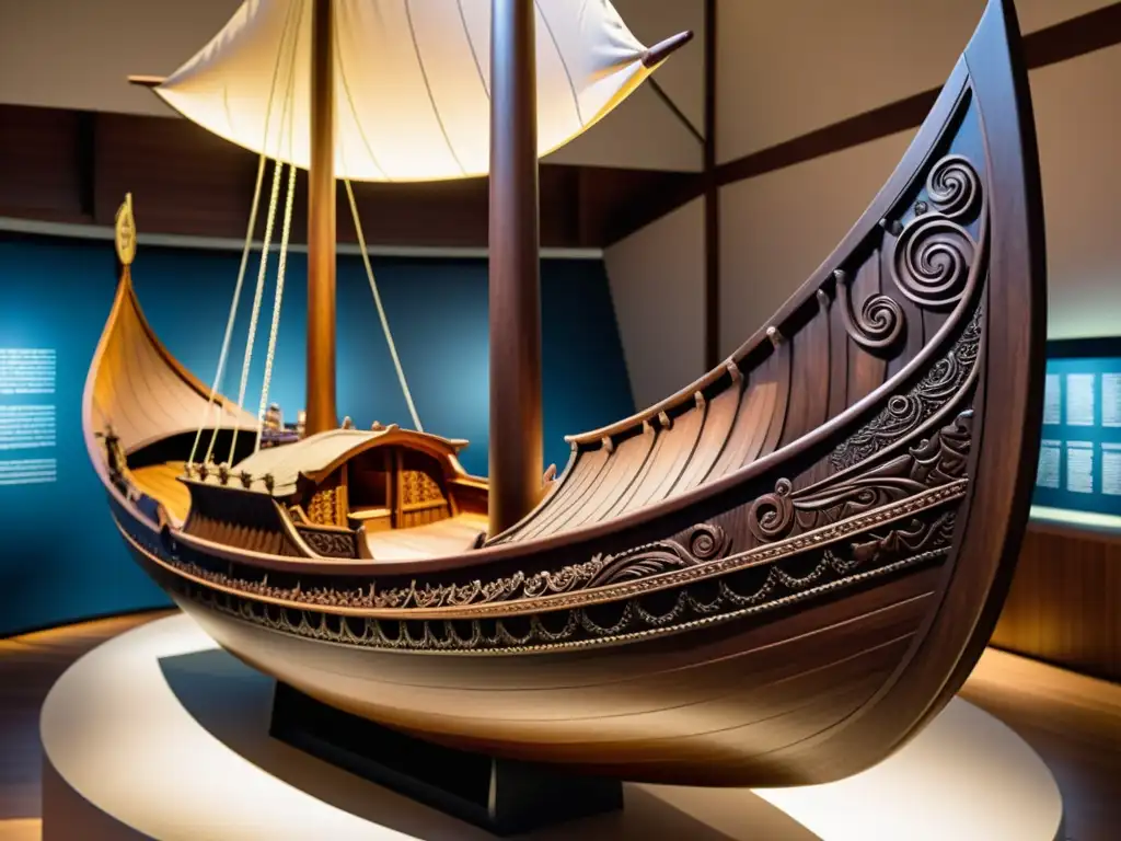 Un increíble modelo de barco vikingo histórico, detallado y en exhibición en un museo, con visitantes admirando la impresionante nave