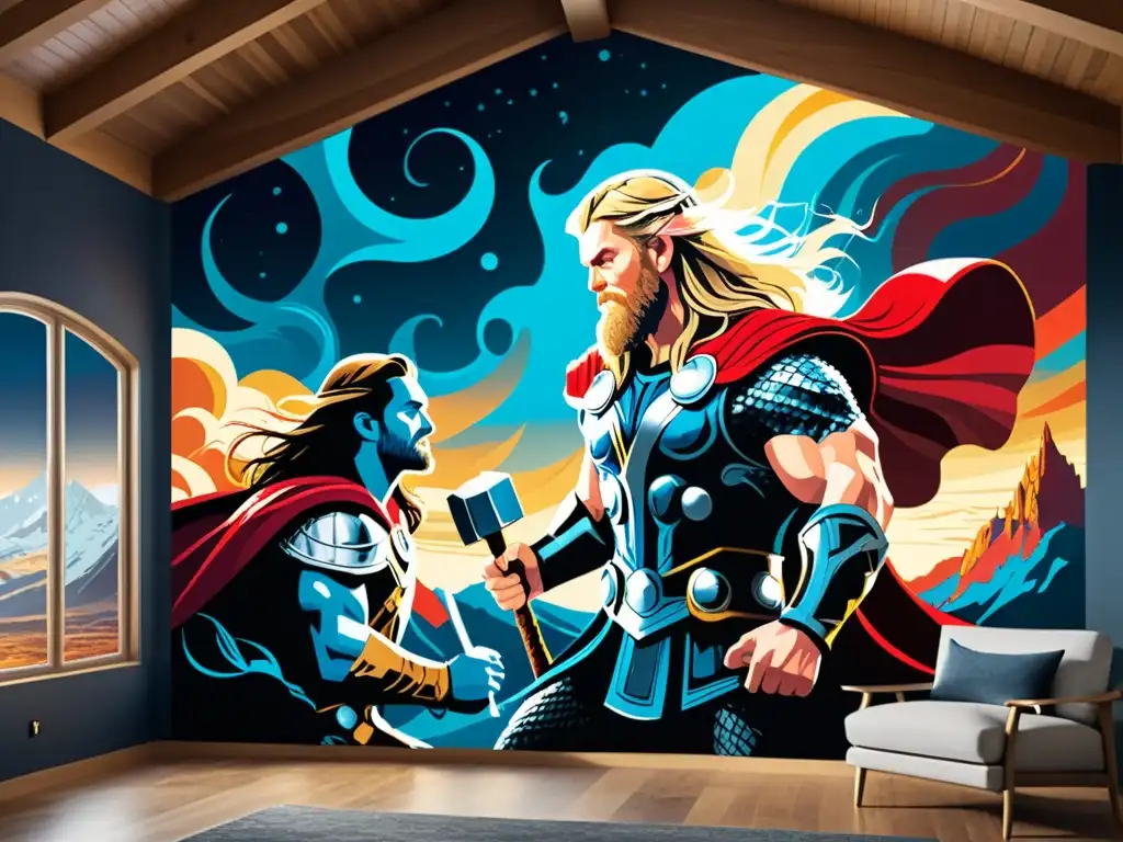 Increíble mural de Thor, Odin y Loki en épica batalla nórdica, destacando paisaje y auroras