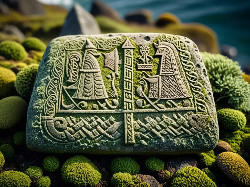 Increíble piedra rúnica vikinga con barcos y guerreros, cubierta de musgo y líquenes, conectando Vikingos en España