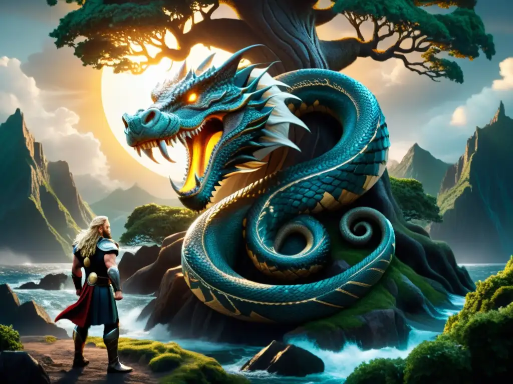 Increíble ilustración de la serpiente marina Jörmungandr enredada alrededor del árbol del mundo Yggdrasil, listo para atacar a Thor con Mjölnir