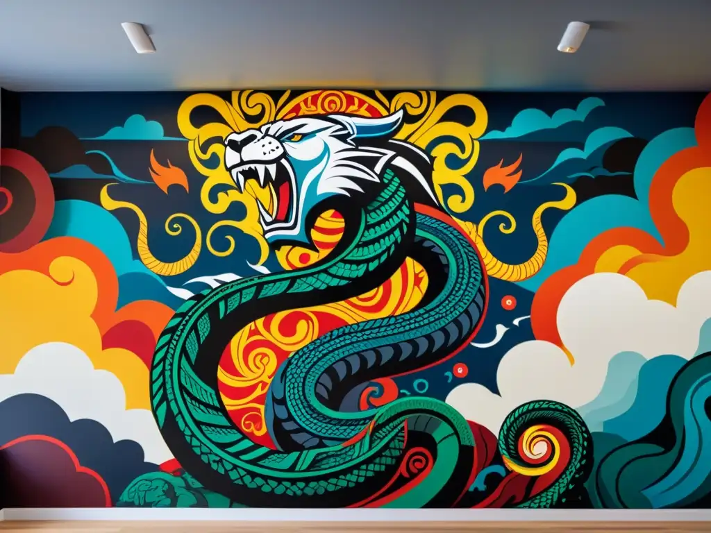 Increíble representación visual de la mitología nórdica en arte callejero: Thor enfrenta a Jormungandr en un mural vibrante y detallado