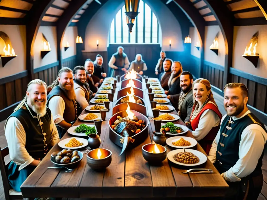 Influencia culinaria vikinga en Europa: Mesa de banquete vikingo con comida tradicional y reenactores en sala medieval iluminada