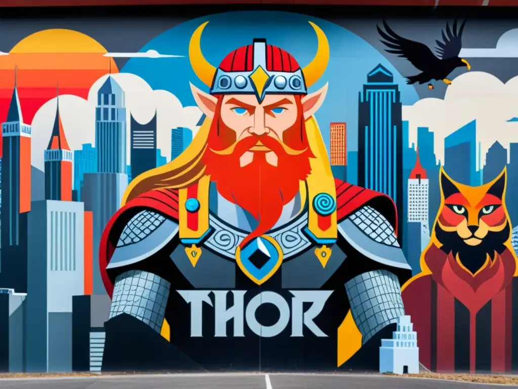 Influencia de los dioses vikingos en el arte moderno: mural urbano con Thor, Odin y Freyja en una ciudad futurista