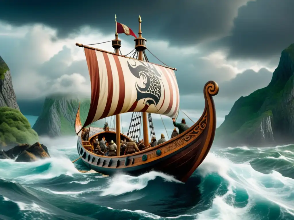 Influencia de Eostre en cultura vikinga: Vikingos navegando en un drakkar por mares turbulentos, rodeados de paisajes místicos y guerreros fieros